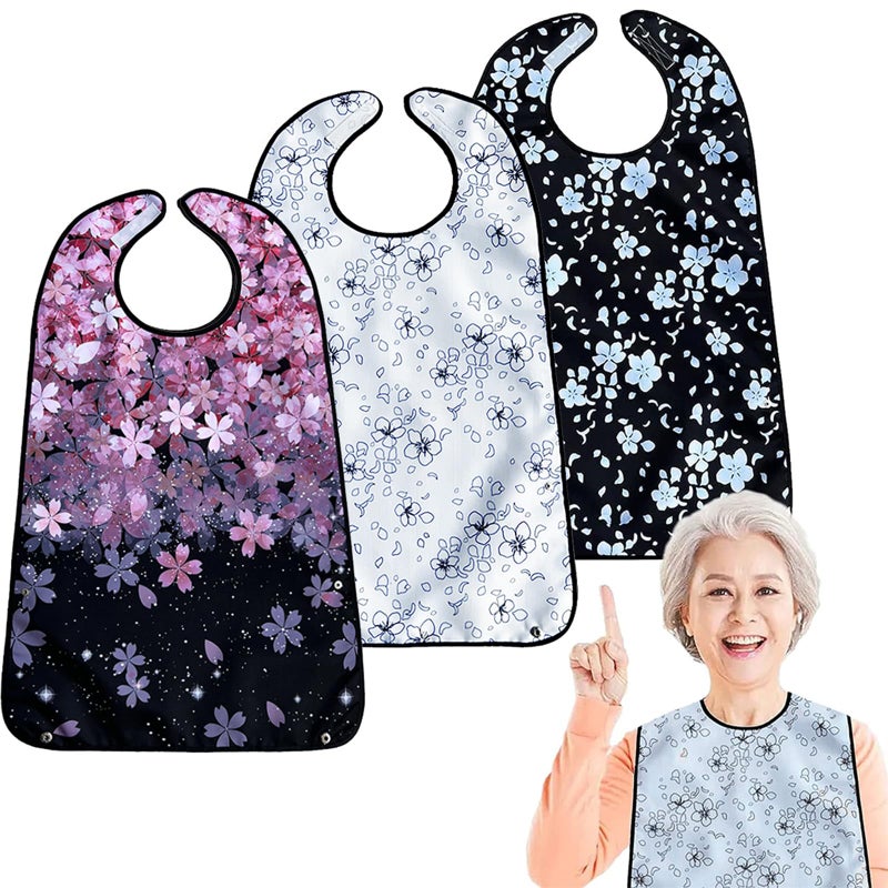 VOPHIA 3 Pack Adult Bibs for Women Washable Bib Butterfly Reusable Waterproof Clothing Protector with Optional Crumb Catcher