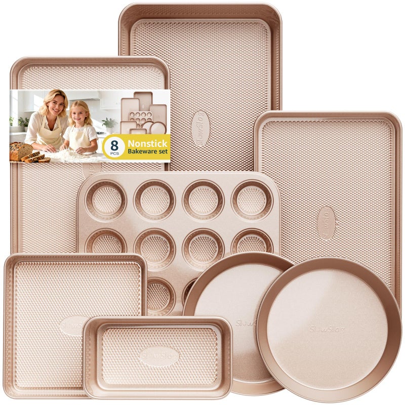 Slow Slog Baking Pans Set 8-Piece Bakeware Sets, Baking Sets for Cooking Nonstick Oven Pan Set, Baking Sheet Set, Cookie Sheets for Baking, Muffin Pan, Cookie Sheets (Ceramic Coated Gold) - Image 1