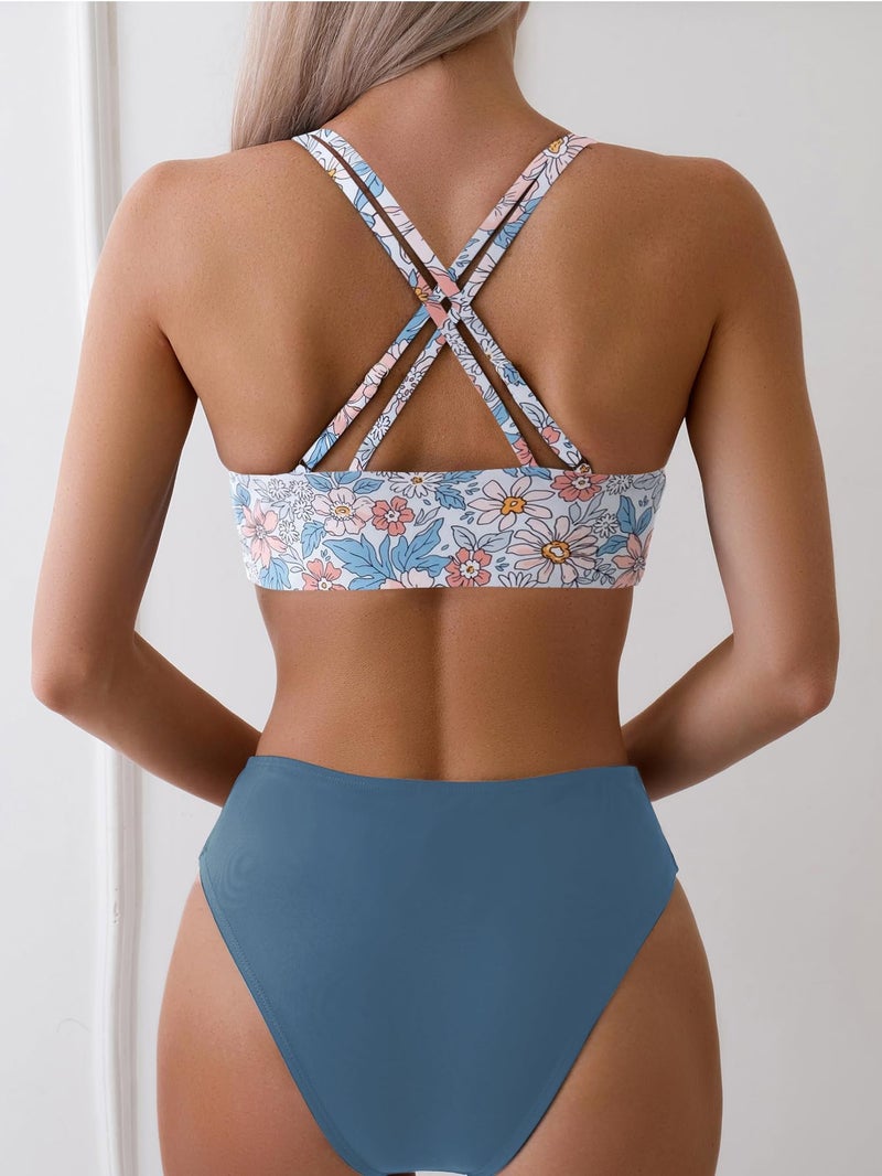 Fanuerg Women's Sexy V Neck Bikini Sets Hollow Out Two Piece Swimsuits Cutout Mid Waist Bathing Suit Floral Grey Blue S - Image 2