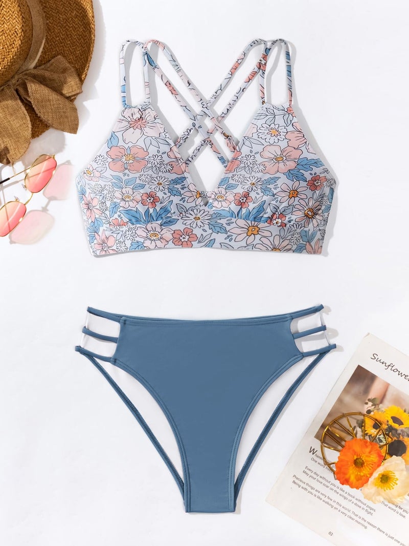 Fanuerg Women's Sexy V Neck Bikini Sets Hollow Out Two Piece Swimsuits Cutout Mid Waist Bathing Suit Floral Grey Blue S - Image 4