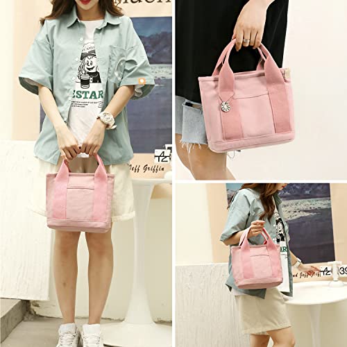 MINGRI Small Canvas Tote Bag for Women,Mini Totes Bags with Pockets, Cute Bible Handbag with Zipper Travel Top Handle Purse with Compartments Satchel Handbags for Work,Shopping,Beach,no Long Strap,Pink - Image 4