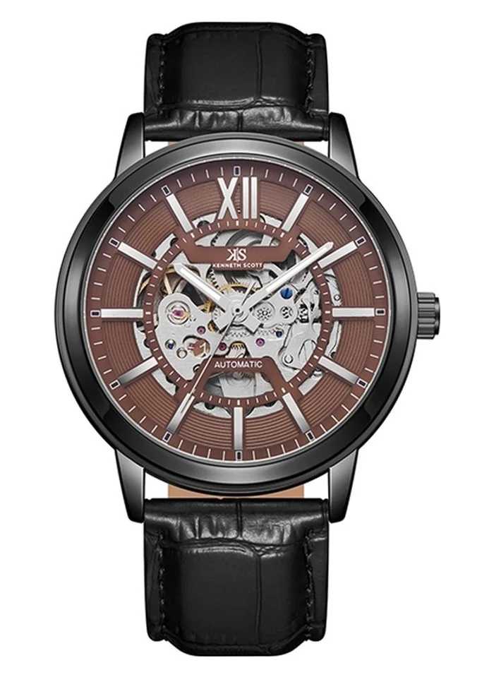 KENNETH SCOTT Men's Automatic  Display Watch With Black Leather  Strap - K24323-BLBH