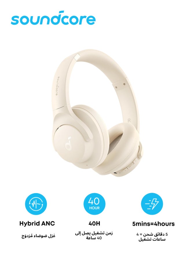 Q20i Hybrid Active Noise Cancelling Foldable Headphones, Wireless Over-Ear Bluetooth, 40H Long ANC Playtime, Hi-Res Audio, Big Bass, Customize via an App, Transparency Mode White