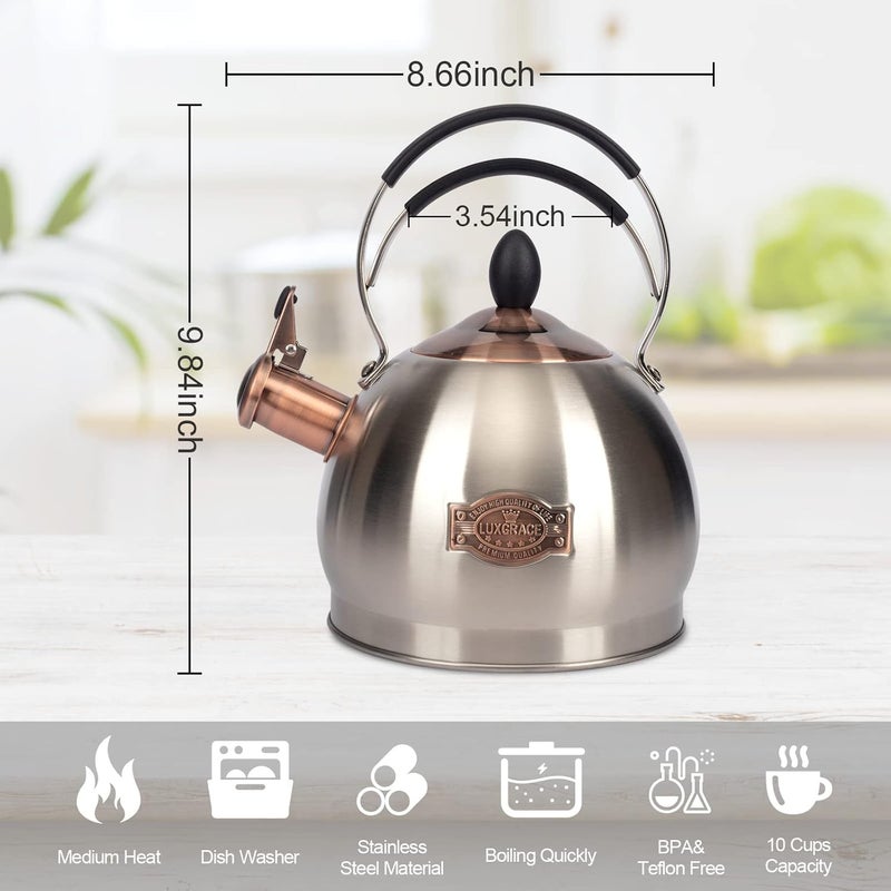 LUXGRACE Whistling Tea Kettle Stainless Steel Teapot, Teakettle for Stovetop Induction Stove Top, Fast Boiling Heat Water Tea Pot 2.6 Quart - Image 3