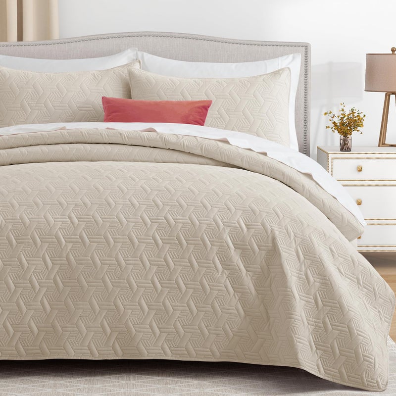Lavsiry Twin Size Beige Quilt Bedding Set  Summer Lightweight Basket Pattern Bedspread & Coverlet  Soft Microfiber Thin Comforter Set for All Seasons - 2 Piece(1 Quilt  1 Pillow Sham) - Image 2