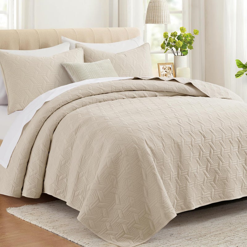Lavsiry Twin Size Beige Quilt Bedding Set  Summer Lightweight Basket Pattern Bedspread & Coverlet  Soft Microfiber Thin Comforter Set for All Seasons - 2 Piece(1 Quilt  1 Pillow Sham) - Image 1