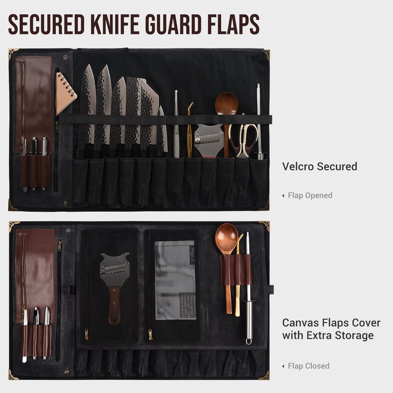 Manjushri حقيبة طهاة أنيقة وخفيفة من القماش المشمع والجلد الطبيعي مع 12 فتحة و4 جيوب بسحاب لتنظيم السكاكين (بني الجوز) - Image 3