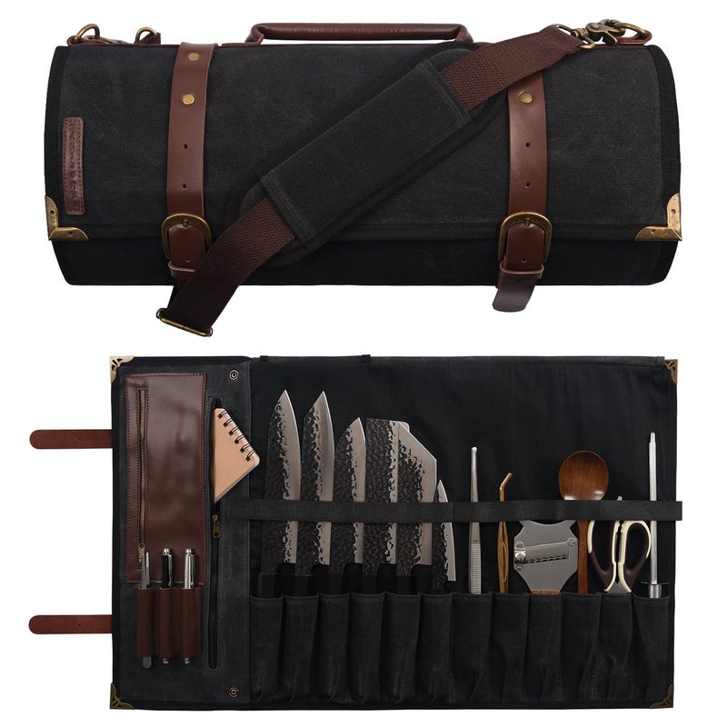 Manjushri حقيبة طهاة أنيقة وخفيفة من القماش المشمع والجلد الطبيعي مع 12 فتحة و4 جيوب بسحاب لتنظيم السكاكين (بني الجوز) - Image 1