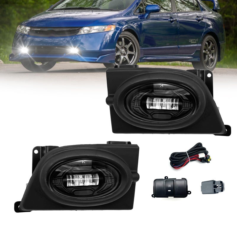 LED Fog Lights Compatible with 2006 2007 2008 Honda Civic 4 Door 1 Pair Front Bumper Driving Fog Lamps with Switch and Wiring kitClear Lens