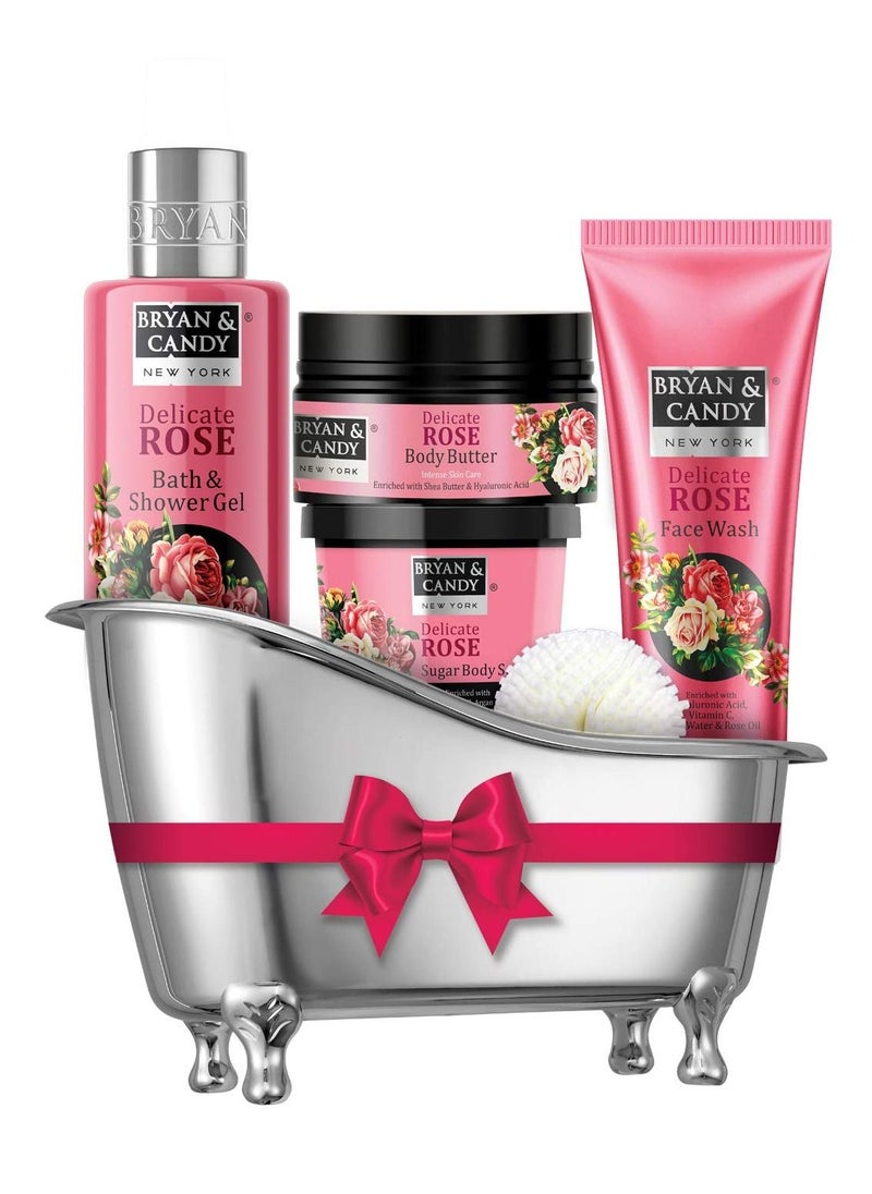 BRYAN & CANDY - Delicate Rose Bath Tub Gift for Men and Women Complete Home Spa Experience Shower Gel Body Butter Sugar Scrub Face Wash - Image 1