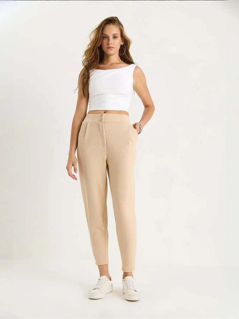 Bianco Lucci LUCCI Long Crepe Carrot Pants with Button Closure