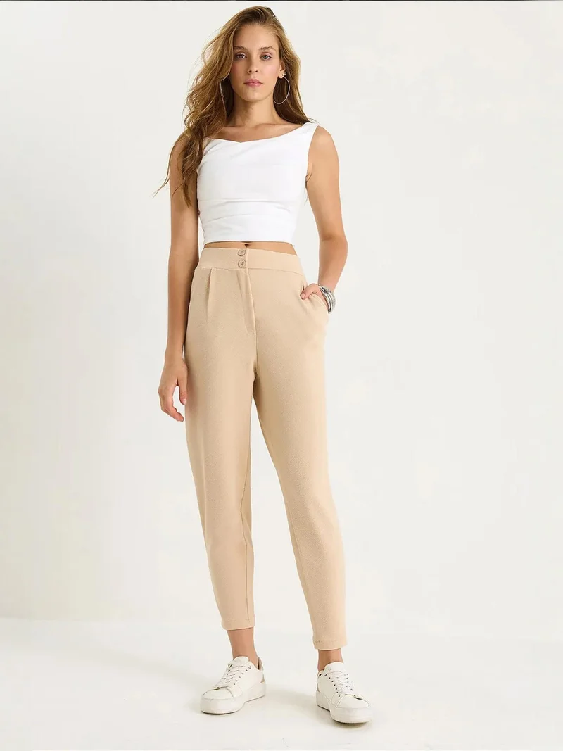 Bianco Lucci LUCCI Long Crepe Carrot Pants with Button Closure