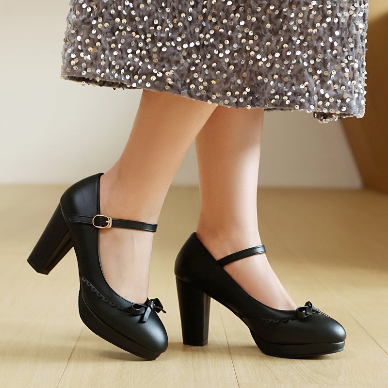 Lazada Supply Spring 2025 High Heeled Thick Bottom Bow 32-48 Size Code Buckle With Burned Flower Shallow Mouth Shoe - Image 5