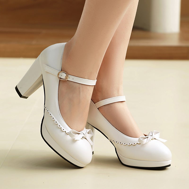 Lazada Supply Spring 2025 High Heeled Thick Bottom Bow 32-48 Size Code Buckle With Burned Flower Shallow Mouth Shoe - Image 4