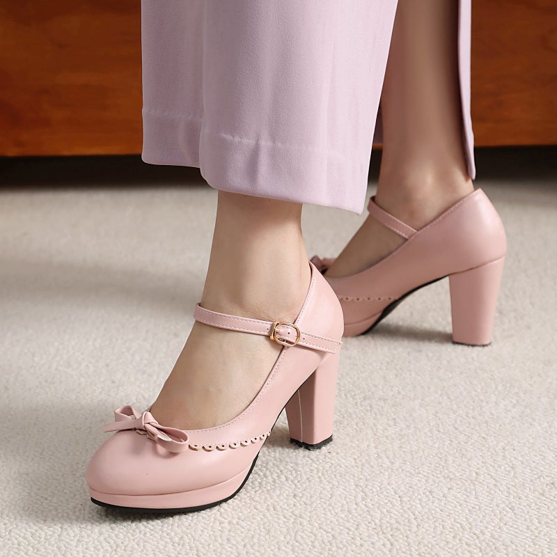 Lazada Supply Spring 2025 High Heeled Thick Bottom Bow 32-48 Size Code Buckle With Burned Flower Shallow Mouth Shoe - Image 3