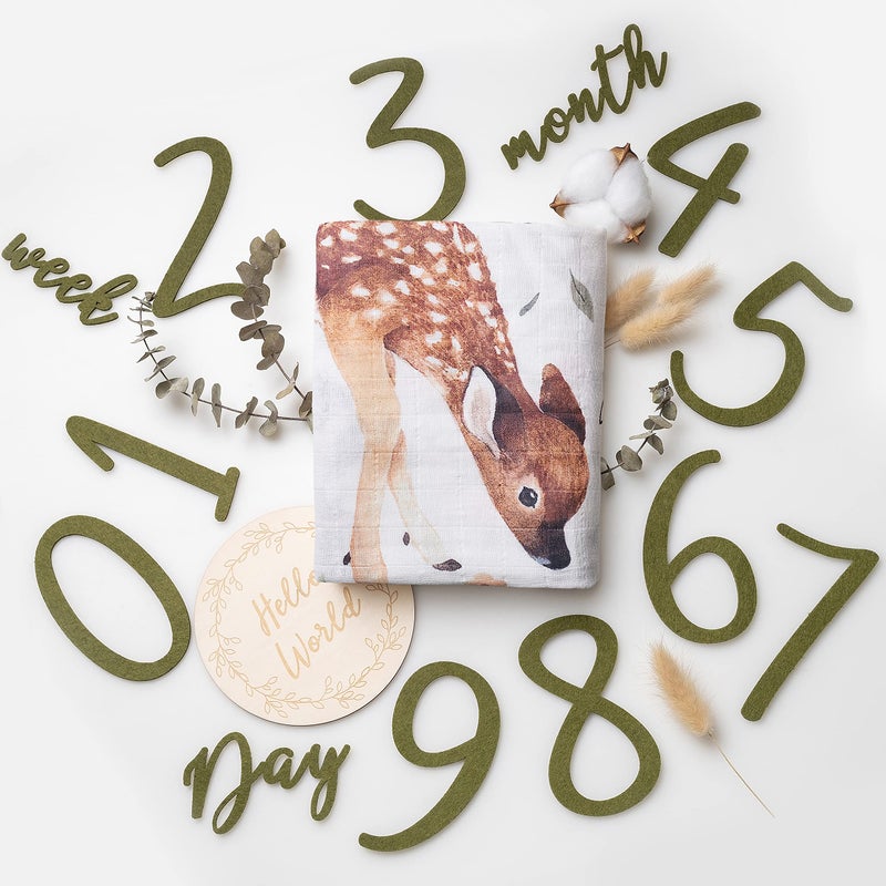 100 Organic Cotton Muslin Monthly Baby Milestone Blanket with Wooden Hello World Newborn Sign Newborn Photography Props Birth Announcement Sign Woodland