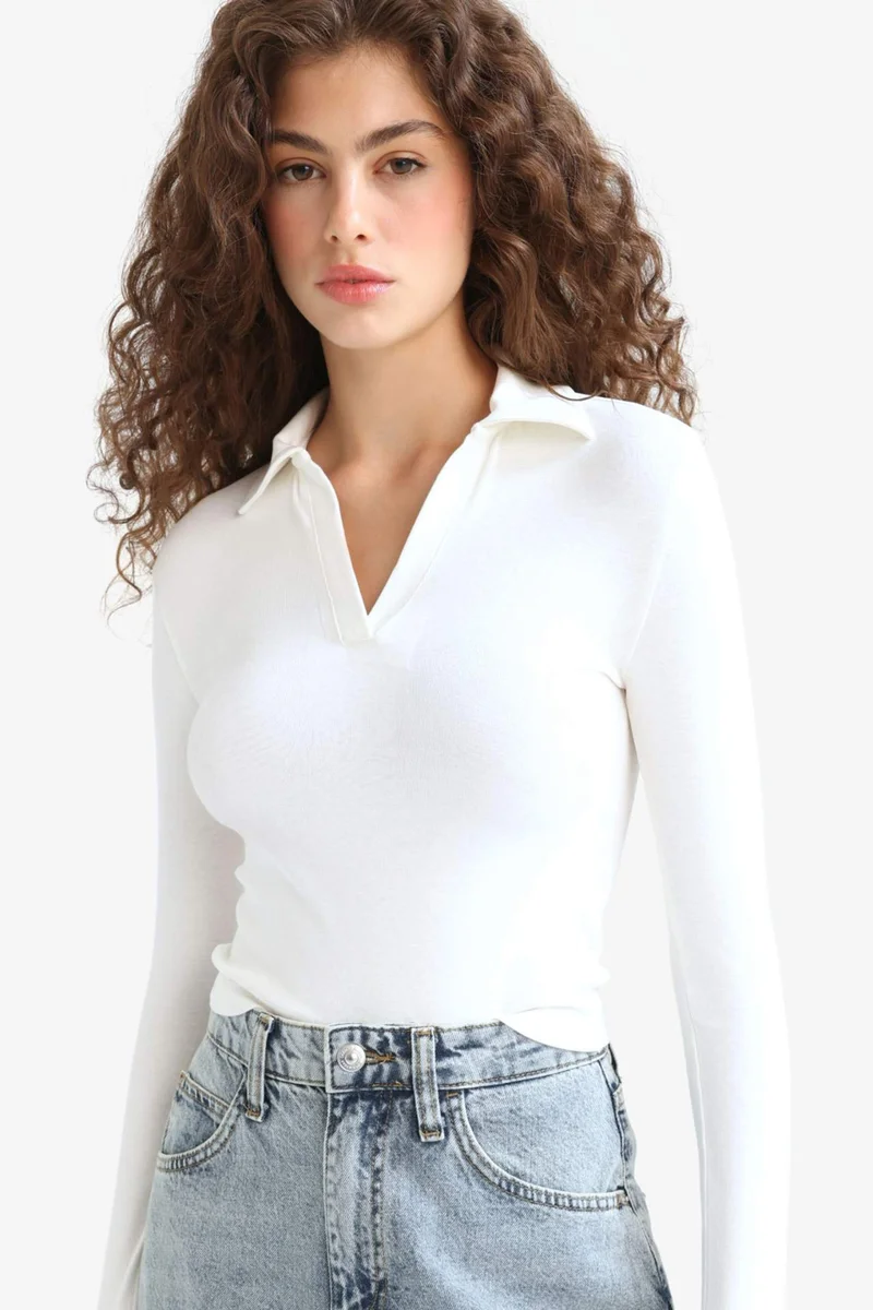 ديفاكتو Fitted Basic Long Sleeve White Polo T-Shirt