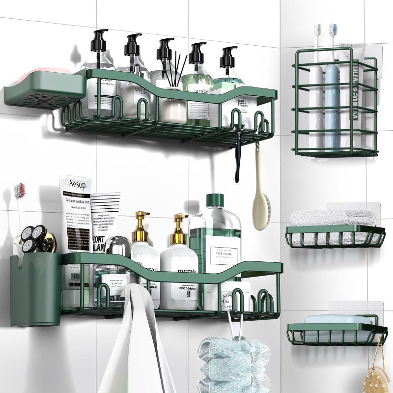 NESOMI Shower Caddy Adhesive Shower Organizer 7-Pack, Rustproof Stainless Steel Bathroom Shelves, Large Capacity No-Drill Rack Storage Accessories with Soap Dish Toothbrush Holder Hooks - Image 1