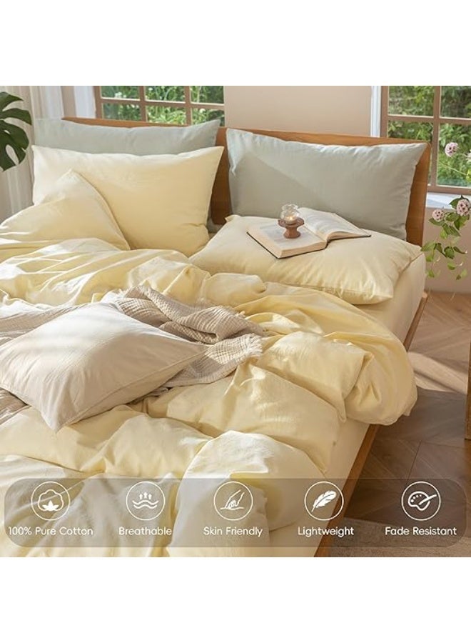 Purrhappy 4-Piece Bedding Fitted Sheet Hotel-Grade Premium Bedding Set, Breathable Wrinkle-Free Bed Linen For 1.5-1.8m Double Beds, High-Density 100% Washed Cotton Fabric, Machine Washable Without Deformation, Active Plant Dyeing Hypoallergenic Sheets & Pillowcases For Hotel-Grade Bed Linens For Home, Rental & Hospitality Use, Pale Cream Yellow - Image 4