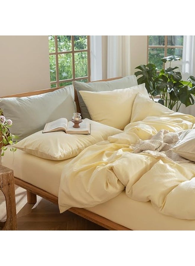 Purrhappy 4-Piece Bedding Fitted Sheet Hotel-Grade Premium Bedding Set, Breathable Wrinkle-Free Bed Linen For 1.5-1.8m Double Beds, High-Density 100% Washed Cotton Fabric, Machine Washable Without Deformation, Active Plant Dyeing Hypoallergenic Sheets & Pillowcases For Hotel-Grade Bed Linens For Home, Rental & Hospitality Use, Pale Cream Yellow - Image 5