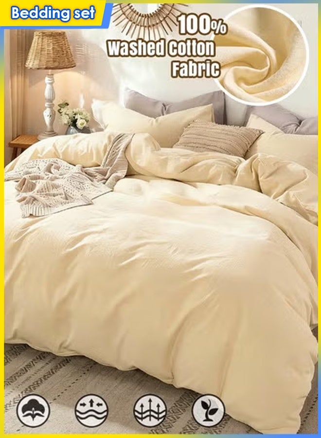 Purrhappy 4-Piece Bedding Fitted Sheet Hotel-Grade Premium Bedding Set, Breathable Wrinkle-Free Bed Linen For 1.5-1.8m Double Beds, High-Density 100% Washed Cotton Fabric, Machine Washable Without Deformation, Active Plant Dyeing Hypoallergenic Sheets & Pillowcases For Hotel-Grade Bed Linens For Home, Rental & Hospitality Use, Pale Cream Yellow - Image 1