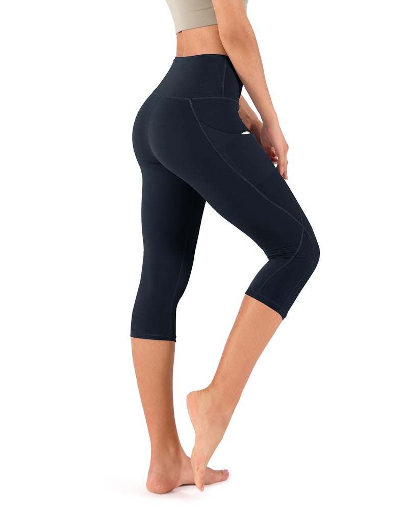 ODODOS Women's High Waisted Yoga Capris with Pockets,Tummy Control Non See Through Workout Sports Running Capri Leggings, Navy,Medium - Image 3
