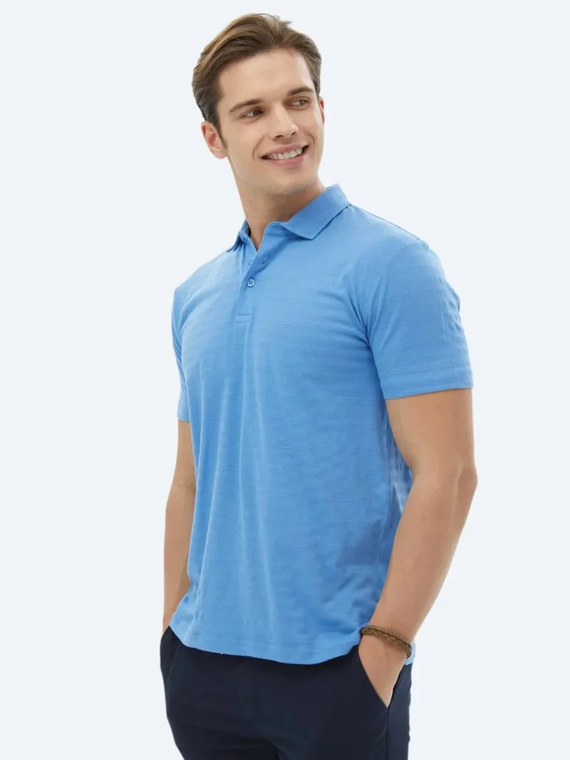 كيب تيشيرت قطني 100% بياقة بولو من قماش الجاكار الأزرق