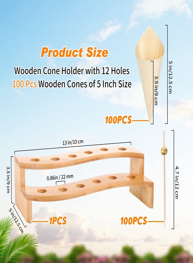 Queekay Food Cones 100 Pcs Disposable Paper Cone for Food with 12 Holes Wood Ice Cream Cone Holder Stand Charcuterie Cones Holder 100 Fancy Toothpicks for Catered Events Buffets Parties(Curved) - Image 2