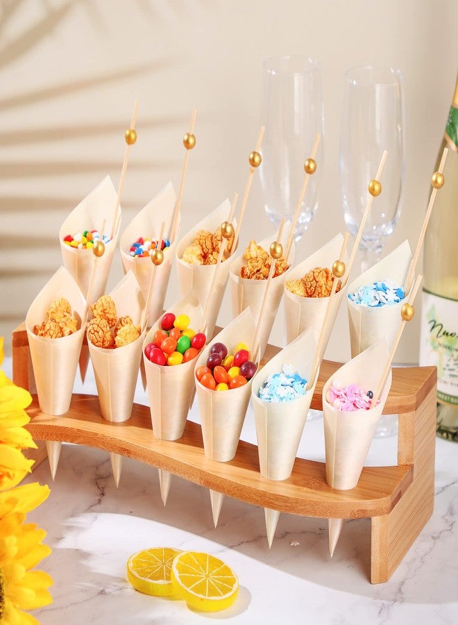 Queekay Food Cones 100 Pcs Disposable Paper Cone for Food with 12 Holes Wood Ice Cream Cone Holder Stand Charcuterie Cones Holder 100 Fancy Toothpicks for Catered Events Buffets Parties(Curved) - Image 4