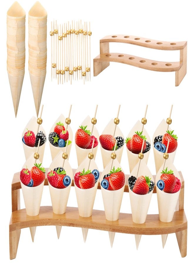 Queekay Food Cones 100 Pcs Disposable Paper Cone for Food with 12 Holes Wood Ice Cream Cone Holder Stand Charcuterie Cones Holder 100 Fancy Toothpicks for Catered Events Buffets Parties(Curved) - Image 1