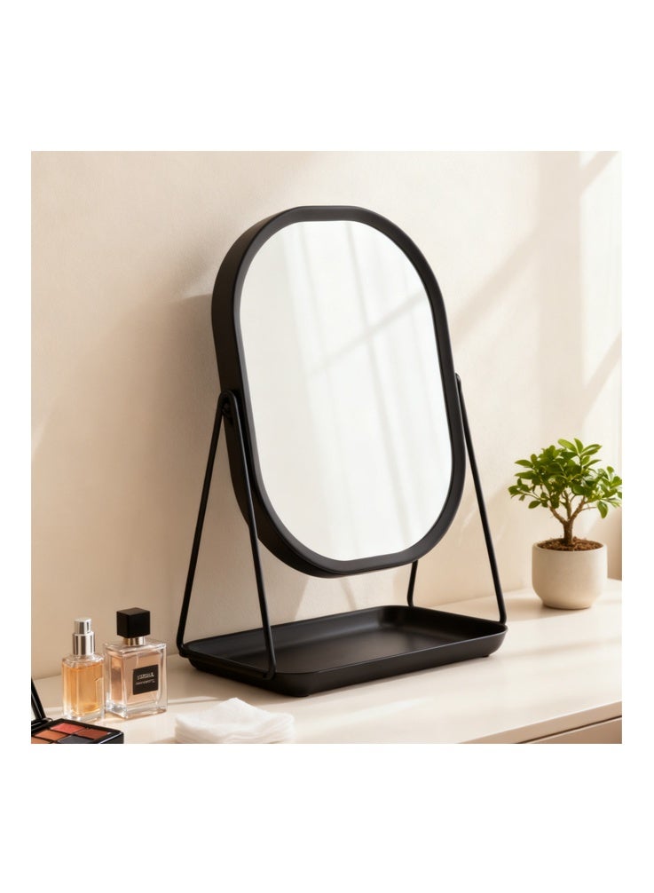 AYY HOME Retro Style Black Vanity Mirror with Tray, 360° Rotating Adjustable Desktop Makeup Mirror, High-Definition Wrought Iron Frame Tabletop Mirror for Bedroom Bathroom Dressing Table (28.5cm Height) - Image 1