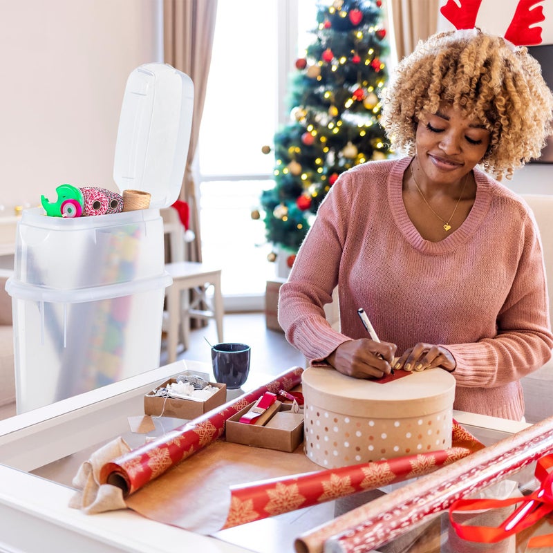 Rubbermaid Wrap N' Craft Plastic Wrapping Paper Organizer Storage Container with Top Ornament Storage Compartment for 20 Standard 30 Inch Rolls, Clear - Image 3