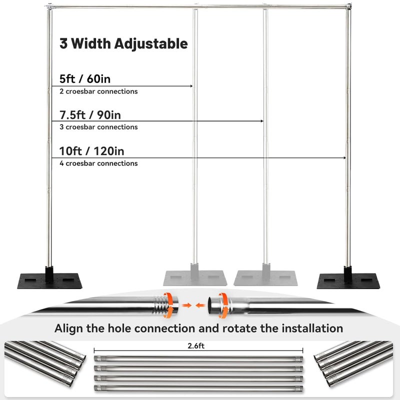 Toolterritary Heavy Duty Pipe and Drape Frame Kit 10x10ft Adjustable Height/Width Photography Background Support Poles All-Metal Construction Backdrop Stand for Party, Birthday, Wedding - Silver - Image 3