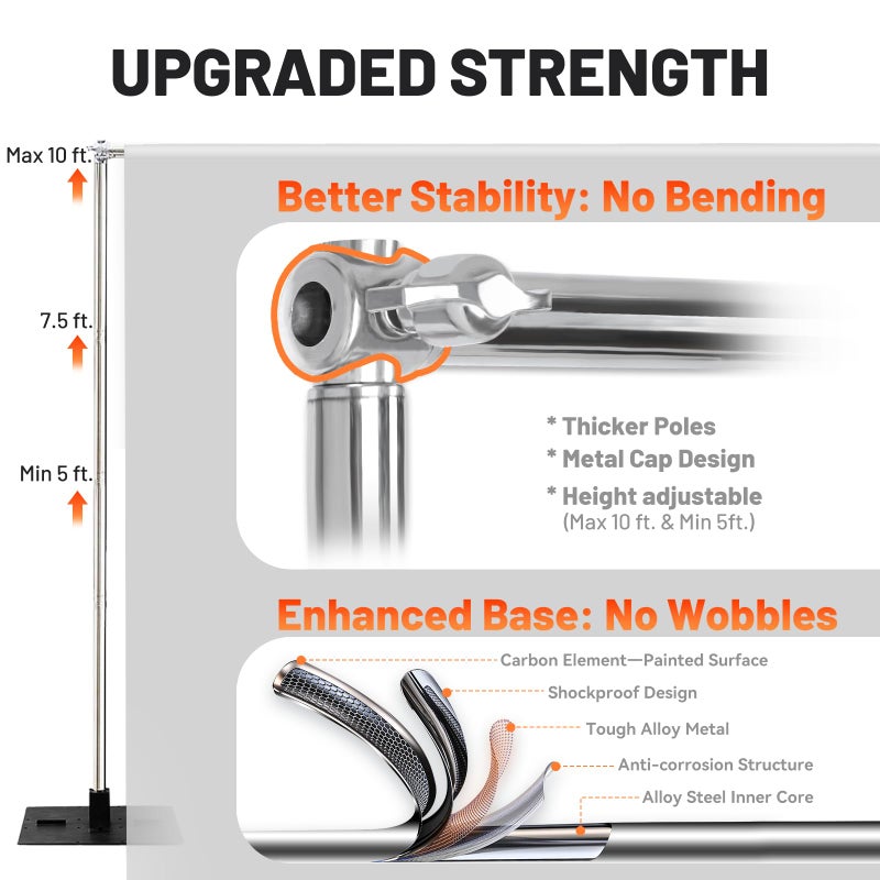 Toolterritary Heavy Duty Pipe and Drape Frame Kit 10x10ft Adjustable Height/Width Photography Background Support Poles All-Metal Construction Backdrop Stand for Party, Birthday, Wedding - Silver - Image 4