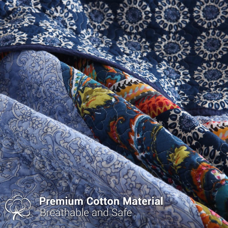 Yvooxny King Quilt Set Reversible Lightweight Bohemian Paisley Patchwork Cotton Quilted Bedspread Coverlet Set 3-Piece Bedding Set with Pillowcases for All Seasons, King Size, 108 * 96 Inches - Image 4