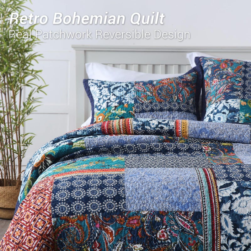 Yvooxny King Quilt Set Reversible Lightweight Bohemian Paisley Patchwork Cotton Quilted Bedspread Coverlet Set 3-Piece Bedding Set with Pillowcases for All Seasons, King Size, 108 * 96 Inches - Image 2