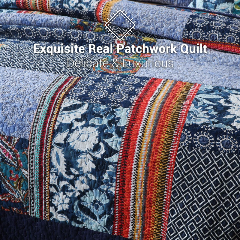 Yvooxny King Quilt Set Reversible Lightweight Bohemian Paisley Patchwork Cotton Quilted Bedspread Coverlet Set 3-Piece Bedding Set with Pillowcases for All Seasons, King Size, 108 * 96 Inches - Image 5