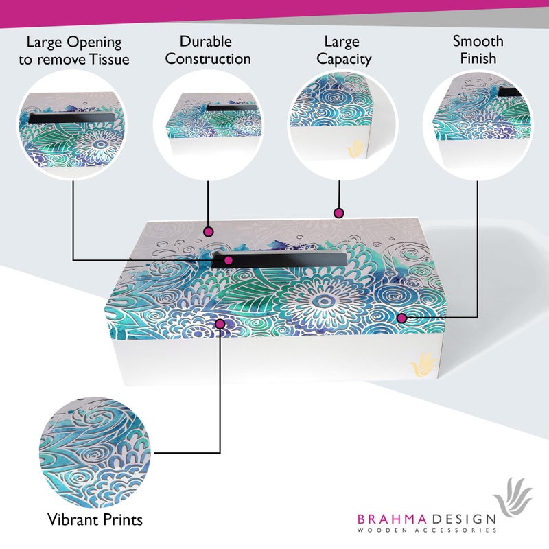 BRAHMA DESIGN Tissue Box Holder | Abstract Flowers Design with White Border | Size 9" x 5" x 2.75" Tissue Box Holder for Car and Home | Refillable Car Tissue Box Cover - Image 3