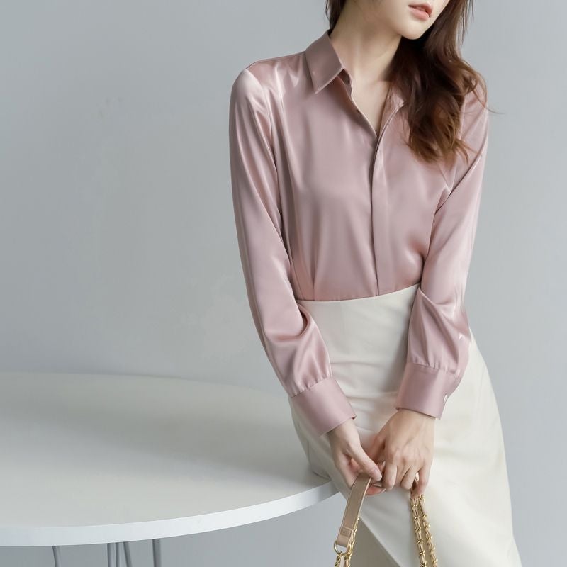 Spring/Summer 2024 New Style Simple Elegant Commuter Professional Shirt Womens Silky High-end Urban Style Long-sleeved Shirt Green - Image 3