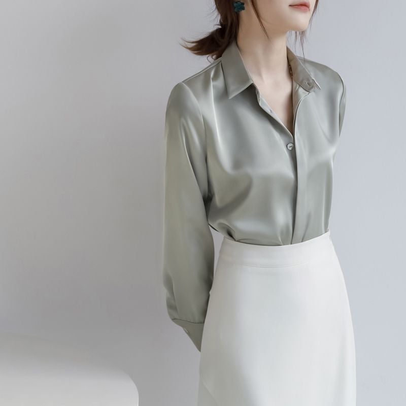 Spring/Summer 2024 New Style Simple Elegant Commuter Professional Shirt Womens Silky High-end Urban Style Long-sleeved Shirt Green - Image 5