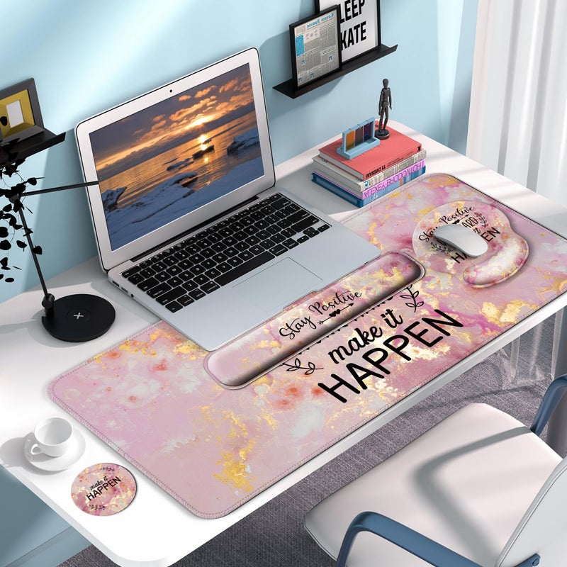 VINEBURY Desk Mat Set + Keyboard and Mouse Pad with Wrist Rest Support,4-in-1 Large Mousepad Computer Mats for Desktop Home & Office-Pink Positive - Image 4