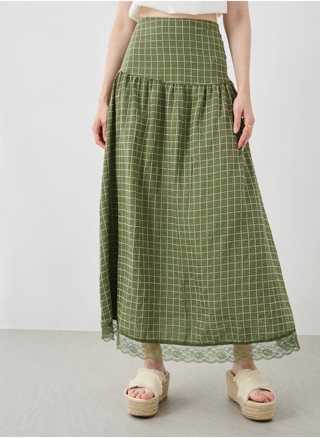 ستايلي Checked Lace Hem A-Line Maxi Skirt