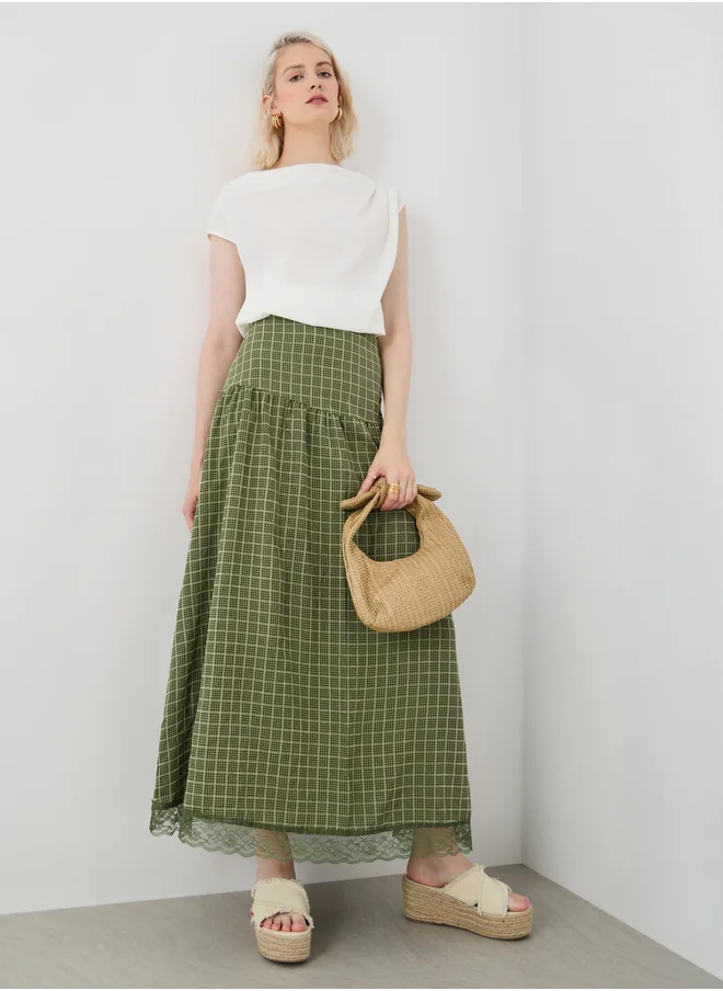 ستايلي Checked Lace Hem A-Line Maxi Skirt