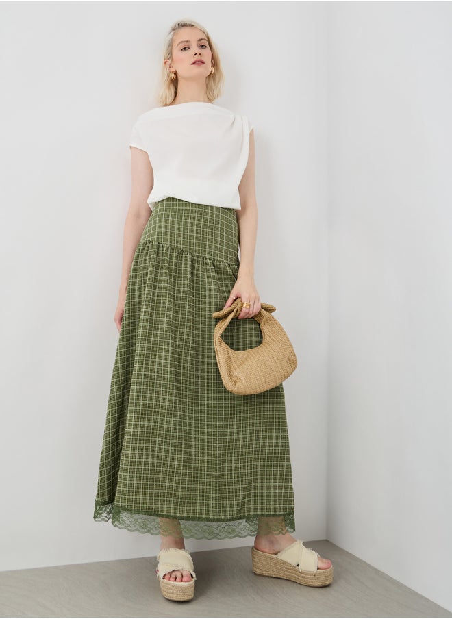 Take Two Checked Lace Hem A-Line Maxi Skirt  - Image 1