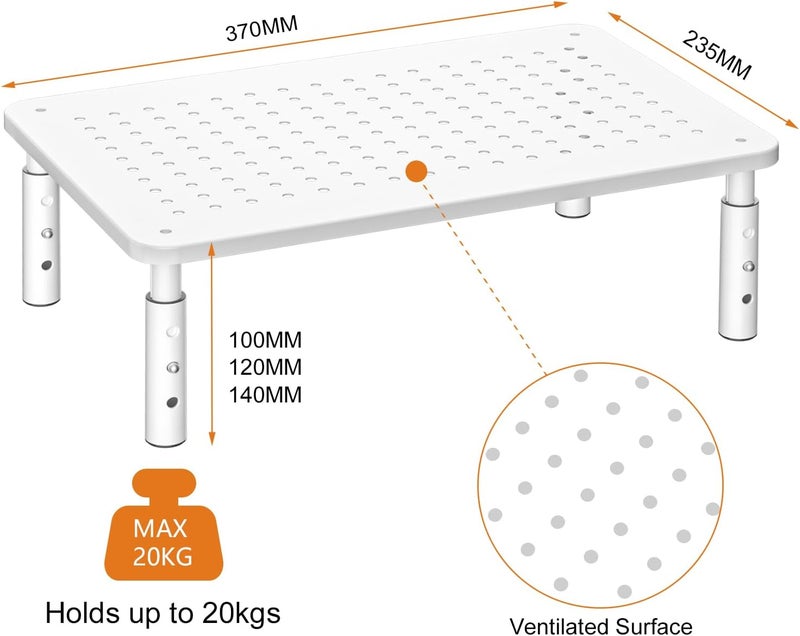 Bracwiser Monitor Stand Riser,3 Level Height Adjustable Desktop monitor stand for Computer, Laptop, Printer, Notebook with Vented Metal Platform 370X235MM 2 Packs,White - Image 2