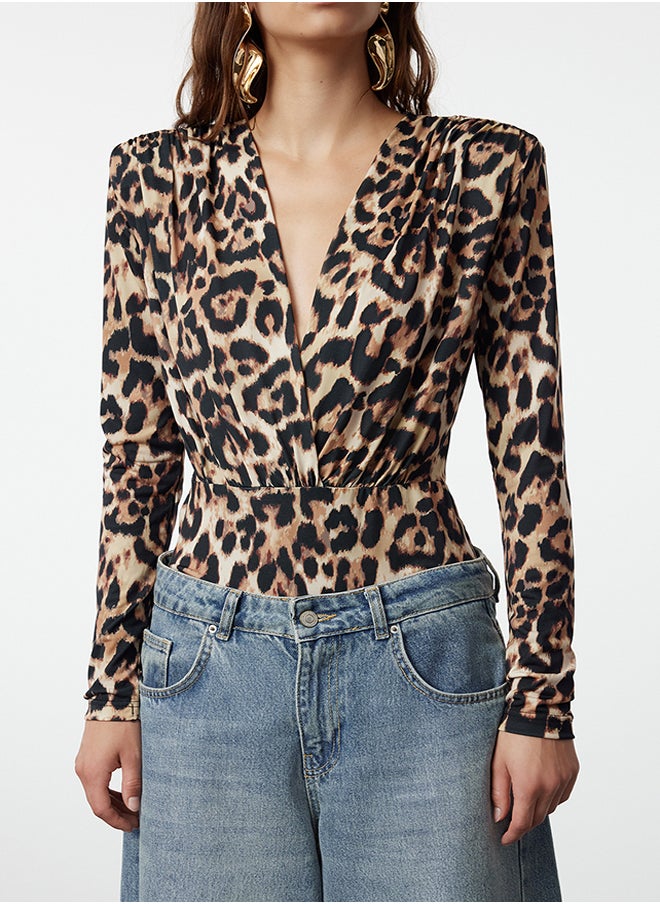 Multicolored Knitted Double Breasted V-Neck Leopard Body TPRAW22BD0161
