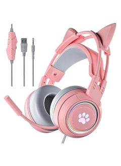 Cat Ear Headphones Pink Gaming Headset with Mic for Switch Xbox One PS4 PS5, Cute Children Girl Kids Wired Headphones Light up Kawaii Kitty Noise Cancelling Headphones for Gamer PC Laptop