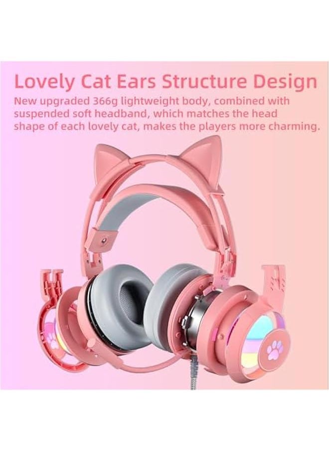 Generic - Cat Ear Headphones Pink Gaming Headset with Mic for Switch Xbox One PS4 PS5, Cute Children Girl Kids Wired Headphones Light up Kawaii Kitty Noise Cancelling Headphones for Gamer PC Laptop - Image 1