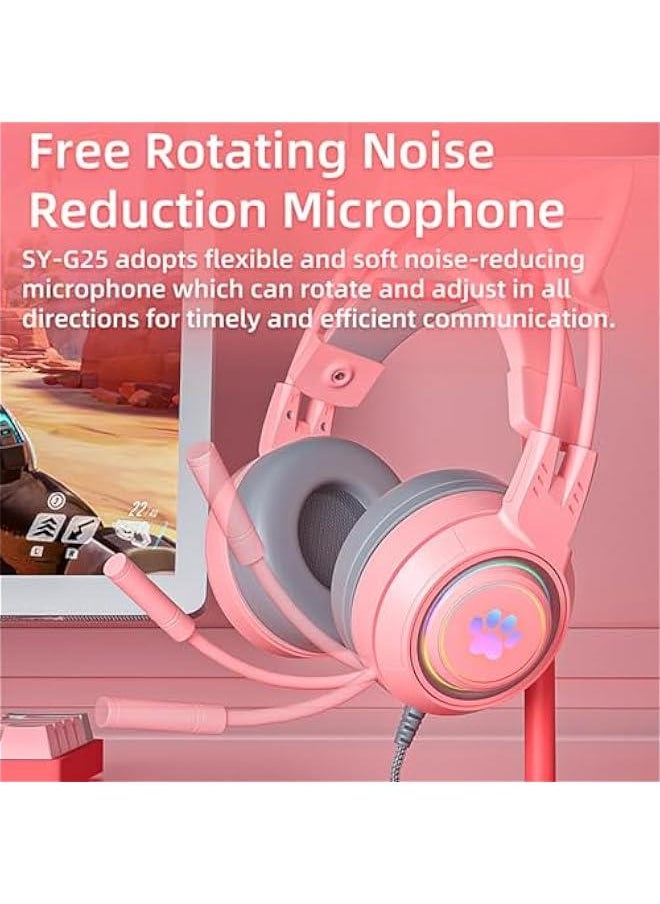 Generic - Cat Ear Headphones Pink Gaming Headset with Mic for Switch Xbox One PS4 PS5, Cute Children Girl Kids Wired Headphones Light up Kawaii Kitty Noise Cancelling Headphones for Gamer PC Laptop - Image 1