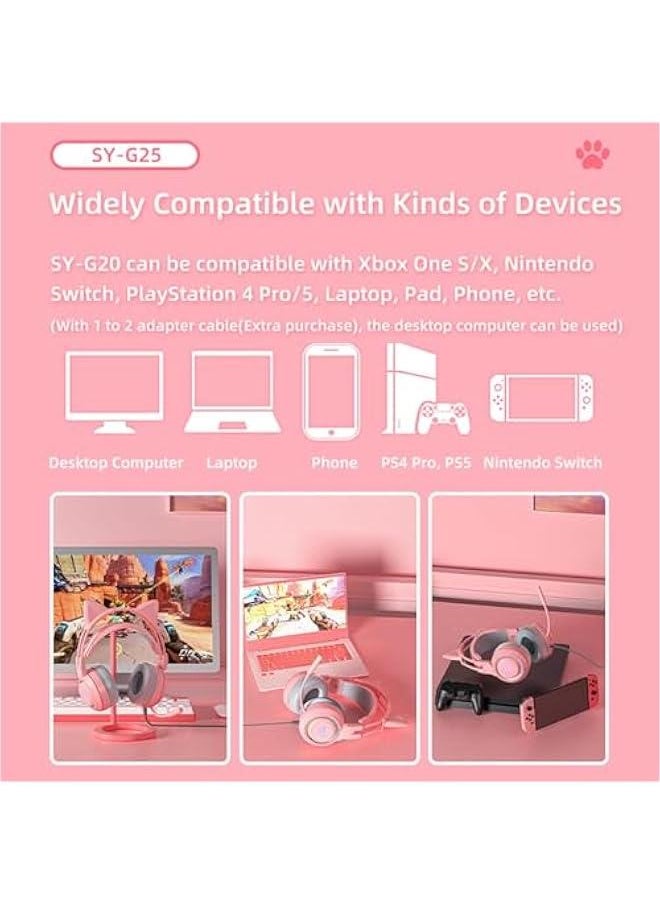 Generic - Cat Ear Headphones Pink Gaming Headset with Mic for Switch Xbox One PS4 PS5, Cute Children Girl Kids Wired Headphones Light up Kawaii Kitty Noise Cancelling Headphones for Gamer PC Laptop - Image 1